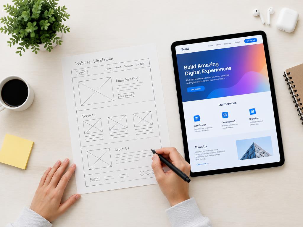 Designer sketching a website wireframe next to a tablet showing a finished homepage