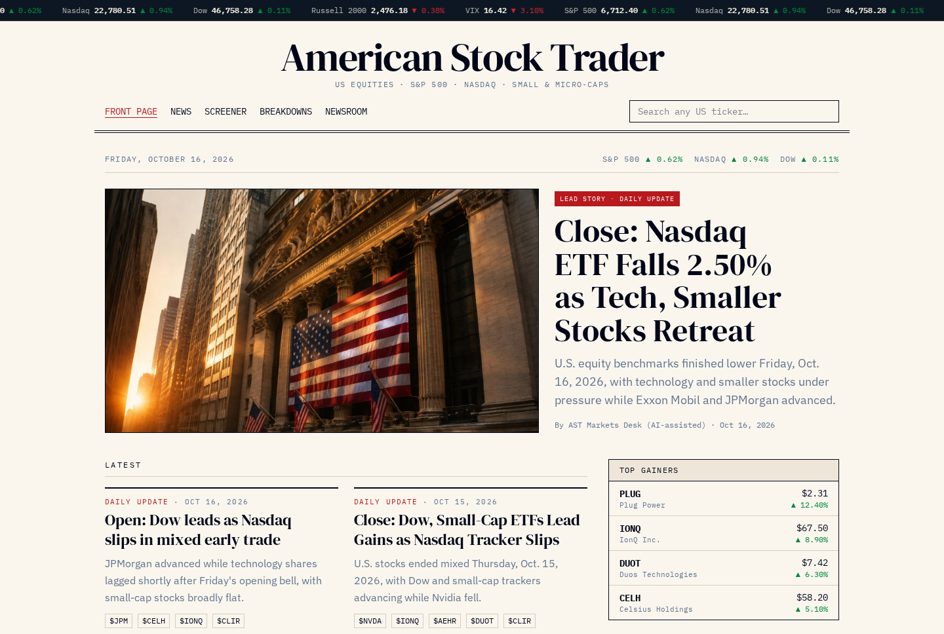 American Stock Trader website homepage with US equities news and analysis