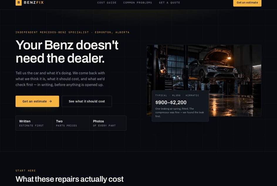 BenzFix website homepage for independent Mercedes-Benz repair