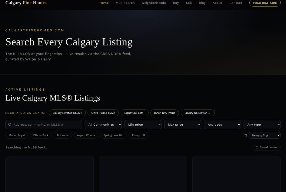 Calgary Fine Homes website homepage with luxury MLS listing search