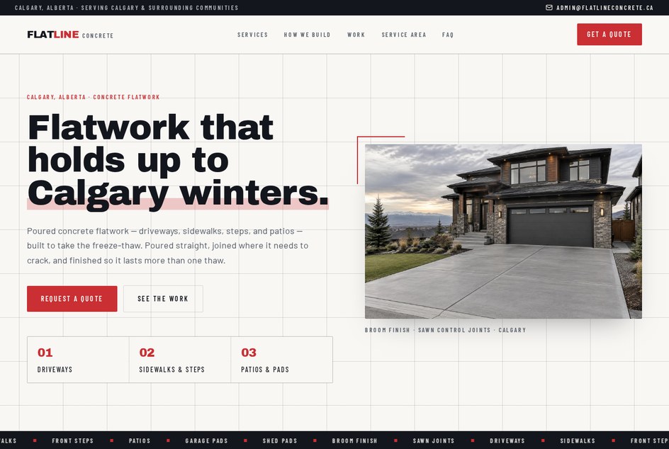 Flatline Concrete website homepage showing a Calgary driveway with sawn control joints