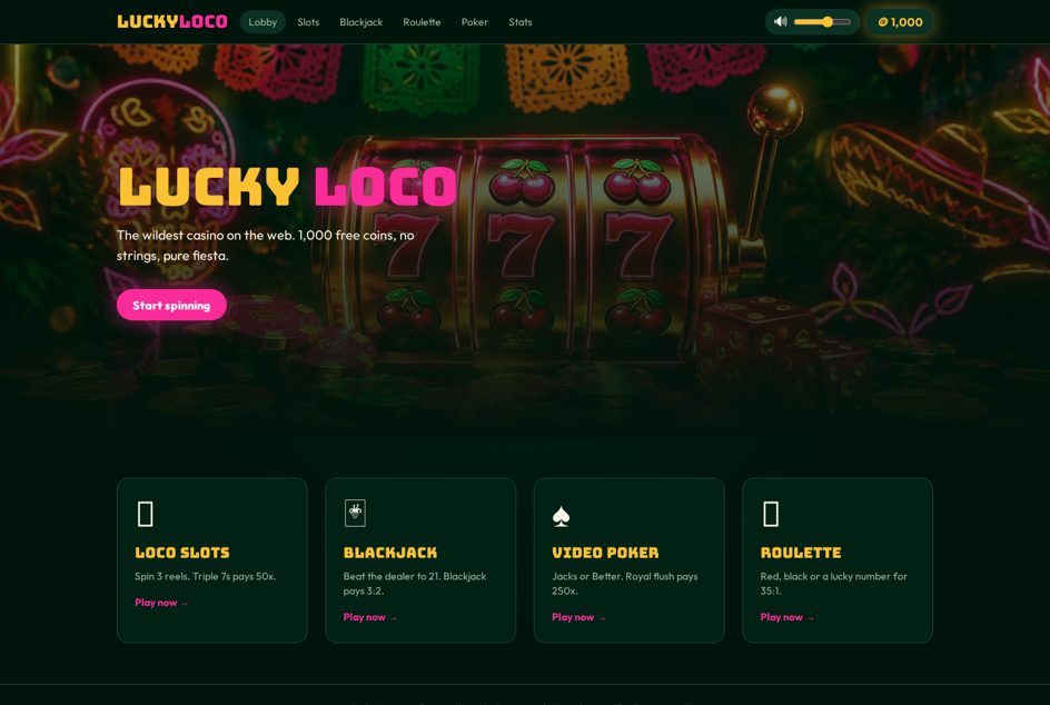 Lucky Loco website homepage featuring free slots, blackjack and roulette games